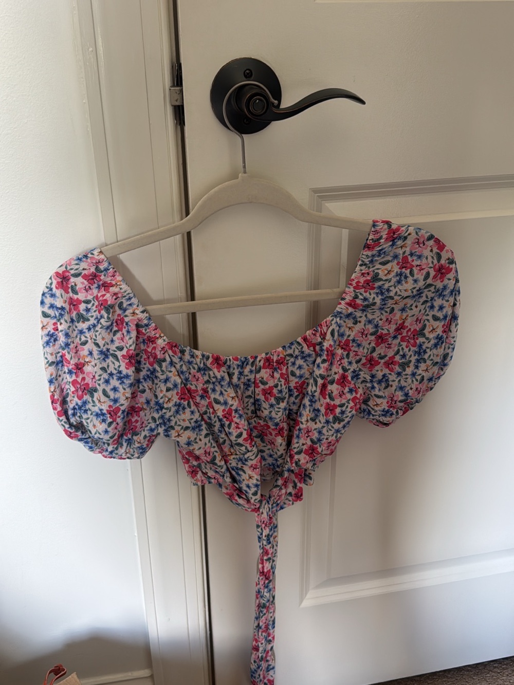 Altar'd State Floral Off-Shoulder Crop Top in White, Pink, Blue